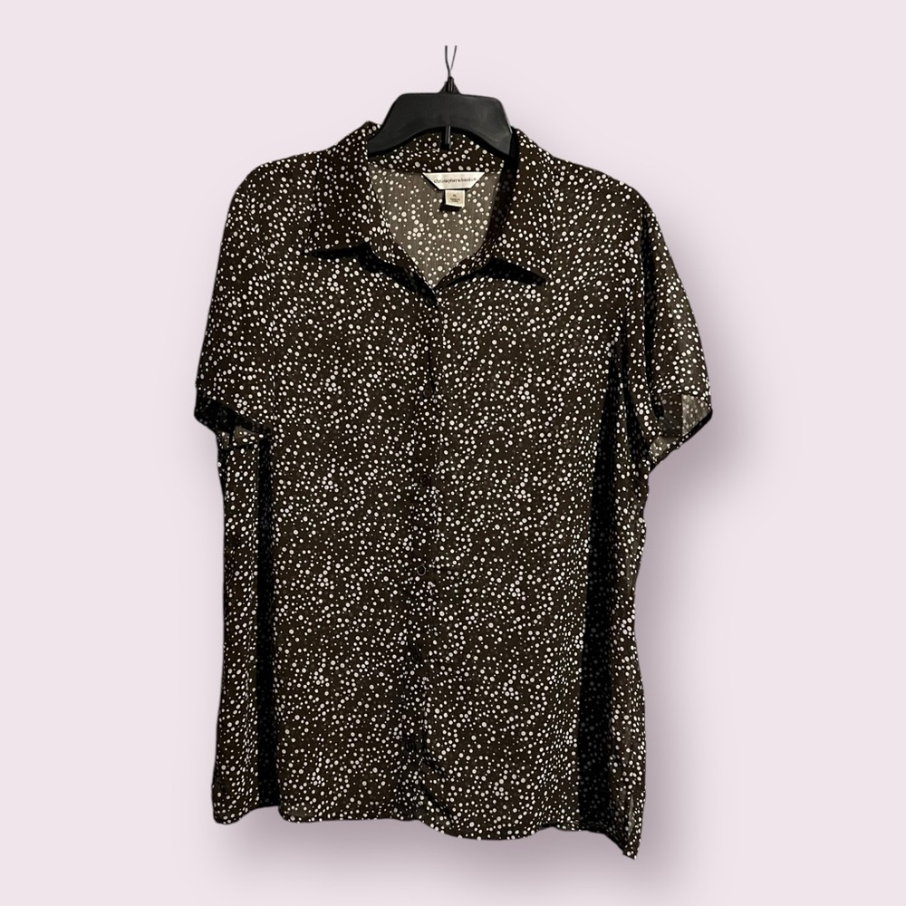 Christopher & Banks Short Sleeve Women’s Blouse Size XL Brown Polka Dot Cream